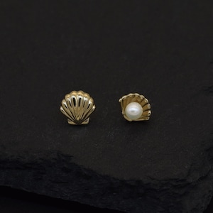 14K Solid Gold Shell Stud Earrings Pearl Cartilage Stud Earring Conch ...