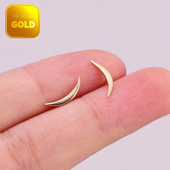14K Solid Gold Curved Bar Stud Earring Moon Cartilage Earring Tragus Conch Stud Helix Piercing Threadless Push In Back Flat Back Earring