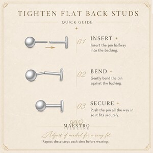 May include: An instructional graphic titled TIGHTEN FLAT BACK STUDS QUICK GUIDE. It illustrates three steps: 01 INSERT, showing a silver ball stud pin entering a flat backing; 02 BEND, showing the pin angled; and 03 SECURE, showing the pin fully inserted.