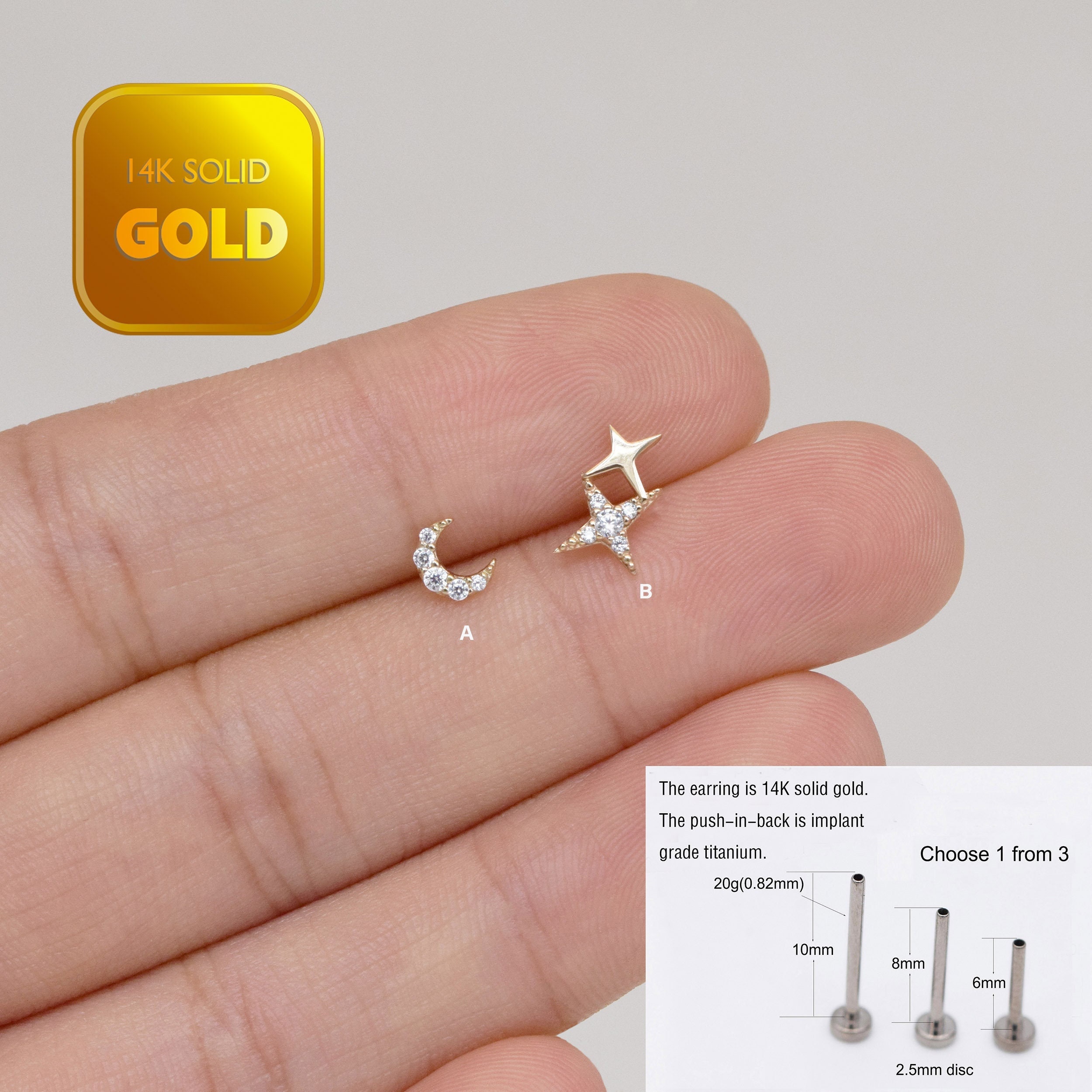 14k Solid Gold Star Cartilage Piercing Tragus Conch Stud Earring Dainty Moon Stud Earring Star Helix Piercing Gold Flat Back Earring 20g