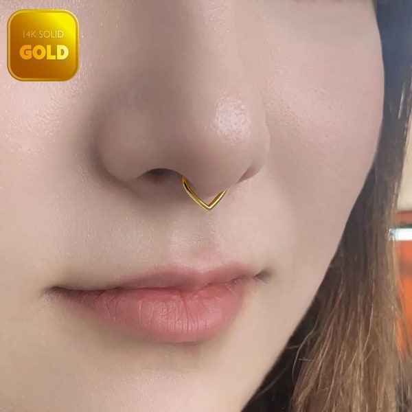14k Solid Gold Triangle Septum Ring Teardrop Hinged Clicker Hoop V-shaped Nose Ring Cartilage Daith Tragus Earring Septum Clicker Hoop 16g