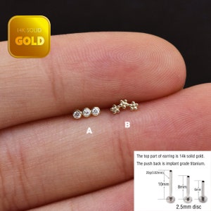 14k Solid Gold Dainty Trinity Cz Tragus Stud Earring Flower Flat Back Stud Earring Minimalist Lobe Earring Helix Cartilage Gold Piercing