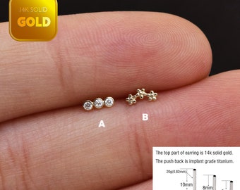 14k Solid Gold Dainty Trinity Cz Tragus Stud Earring Flower Flat Back Stud Earring Minimalist Lobe Earring Helix Cartilage Gold Piercing 20g