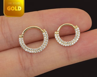 Boucle d'oreille Daith double rangée en or massif 14 carats Anneau de septum en zircone cubique blanche Anneau de septum en diamant Anneau de cartilage Conque Piercing tragus Helix Daith 18 g