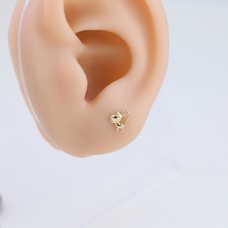 Tiny Creatures: 14K Solid Gold Tiny Cat Helix Stud Earring Dainty ...