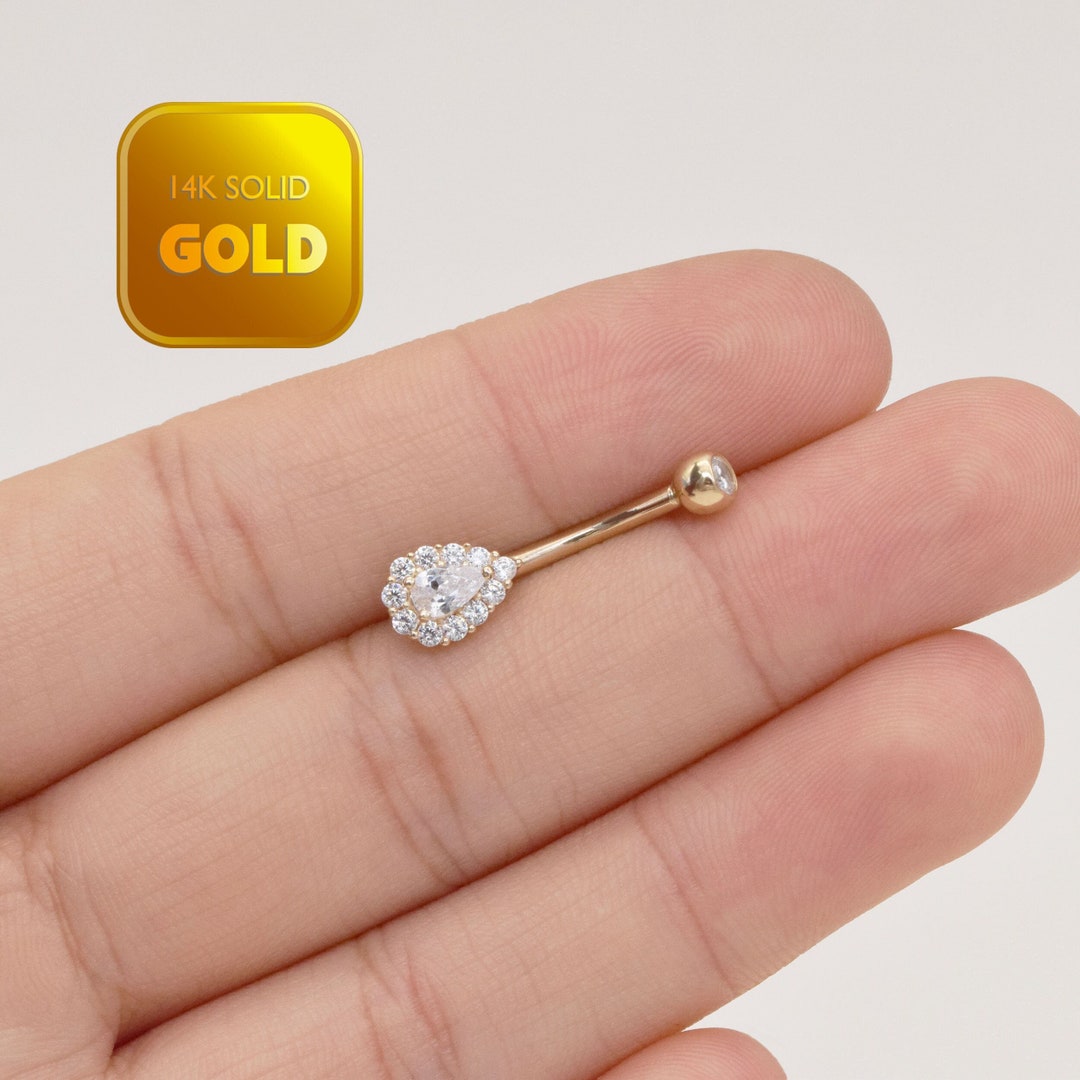 14k Solid Gold Belly Button Ring Teardrop Navel Piercing Curved Barbell Belly Ring Floating