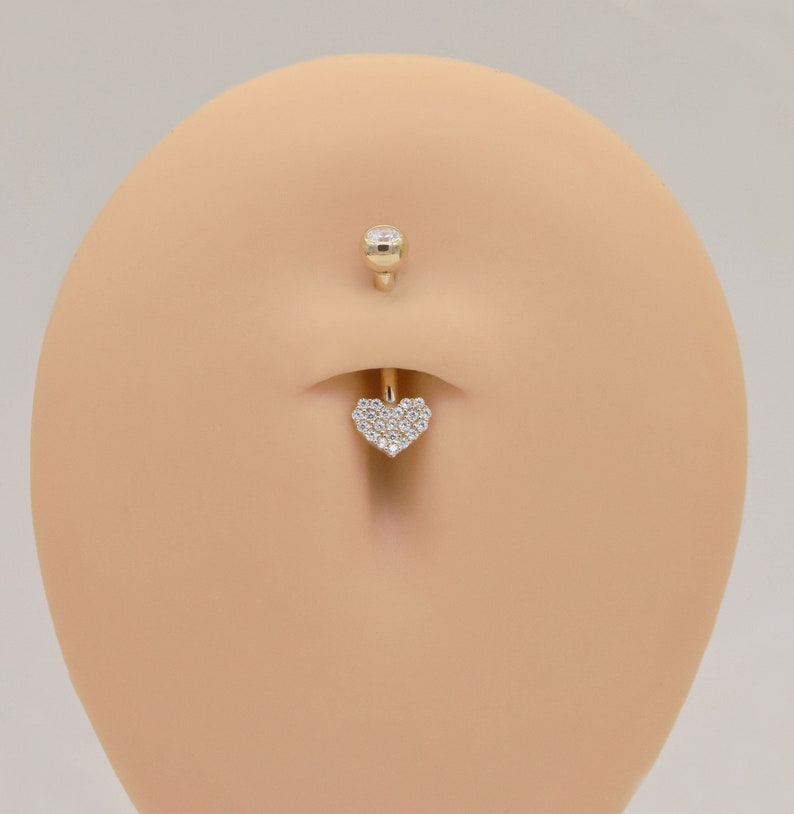 14k Solid Gold Heart Shape Belly Button Ring Heart Navel Piercing Cz Stone Threaded Navel Gold Belly Ring Barbell Piercing Jewelry 14g image 2