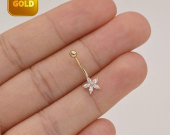 14k Solid Gold Flower Rook Earring Five Petals Earring Piercing Gold Navel Piercing CZ Belly Button Ring Navel Ring Gift For Her 16g