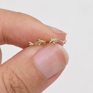 14k Solid Gold Koi Fish Cartilage Earring Tiny Tragus Stud Helix Conch piercing cute stud earring minimalist earrings flat back earring 20g zdjęcie 4