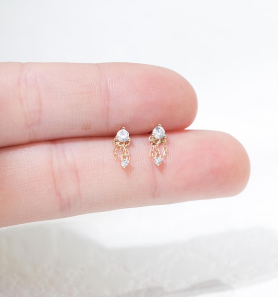 14k Solid Gold Double Chain Dangle Cartilage Earring Helix Stud