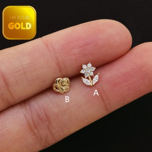 14K Solid Gold Rose Flower Stud Earrings Flower Cartilage Stud Dainty Tragus Earring Flower Helix Stud Conch Stud Flat Back Earrings 20g