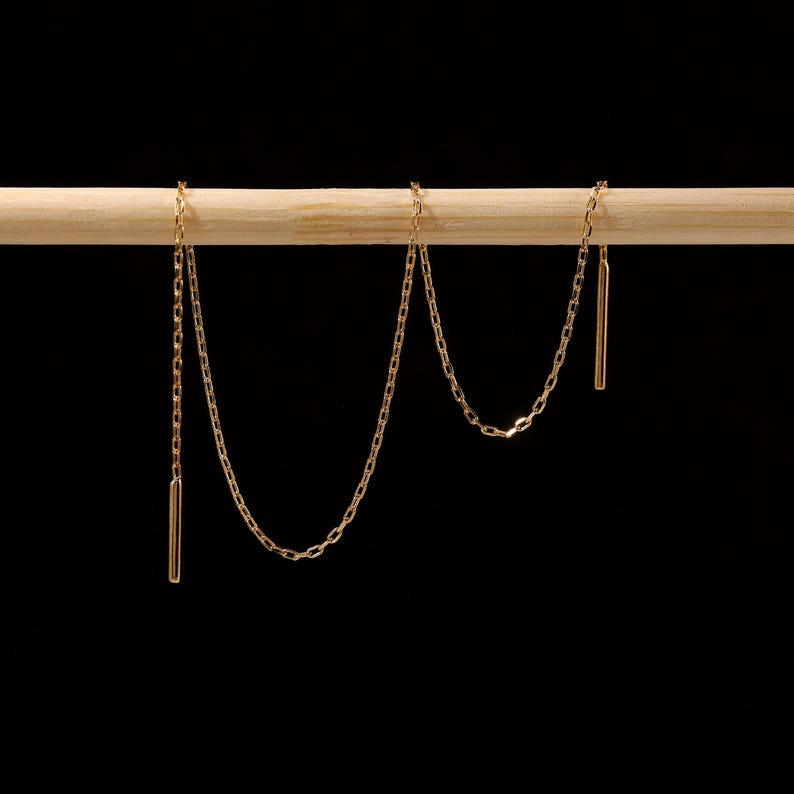 14K Solid Gold Bar & Chain Threader Earring Thread Through Earring ...