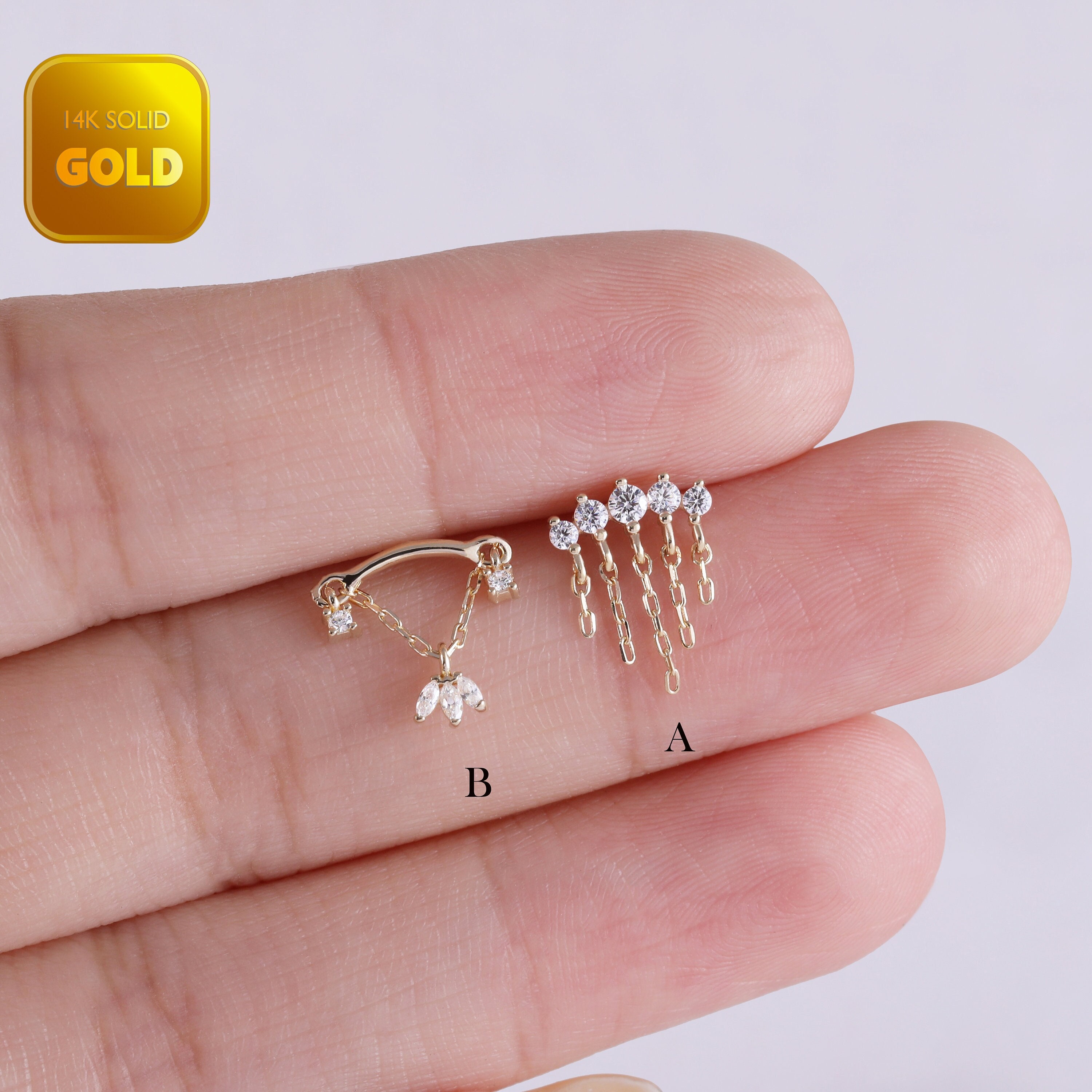 14k Solid Gold Dangle Chain Helix Stud Earring Dangle Marquise Cartilage Earring Tragus Stud Conch Earring Flat Back Piercing Gift For Her