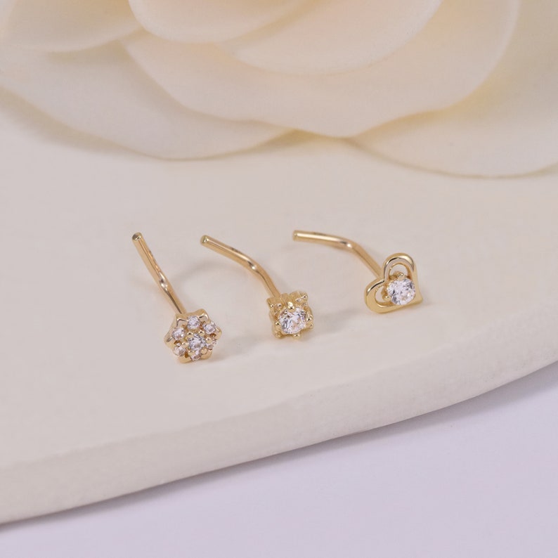14k Solid Gold Flower L-shaped Nose Studs Tiny Star Nose Stud Ring ...