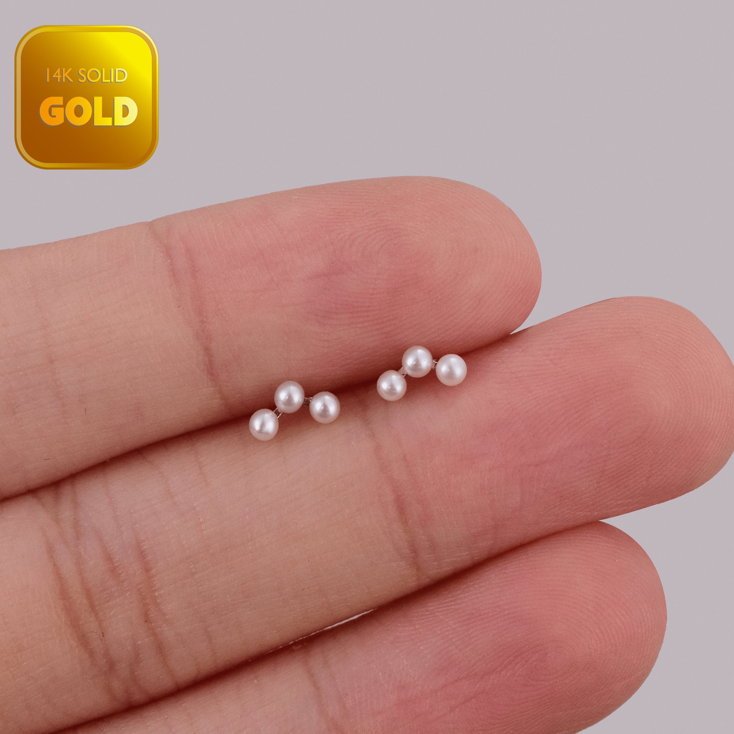 14k Solid Gold Trinity Freshwater Pearl Stud Earring Elegant Pearl Earring Helix Stud Conch Earring Tragus Earrings Flat Back Earring