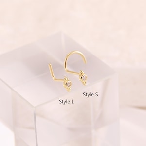 14k ソリッド ゴールド S 字型ノーズスタッド、L 字型ノーズスタッド、ビーズ付きボールノーズスタッド、ノーズリング、ノーズピアス、ジェムストーン ノーズジュエリー 20g