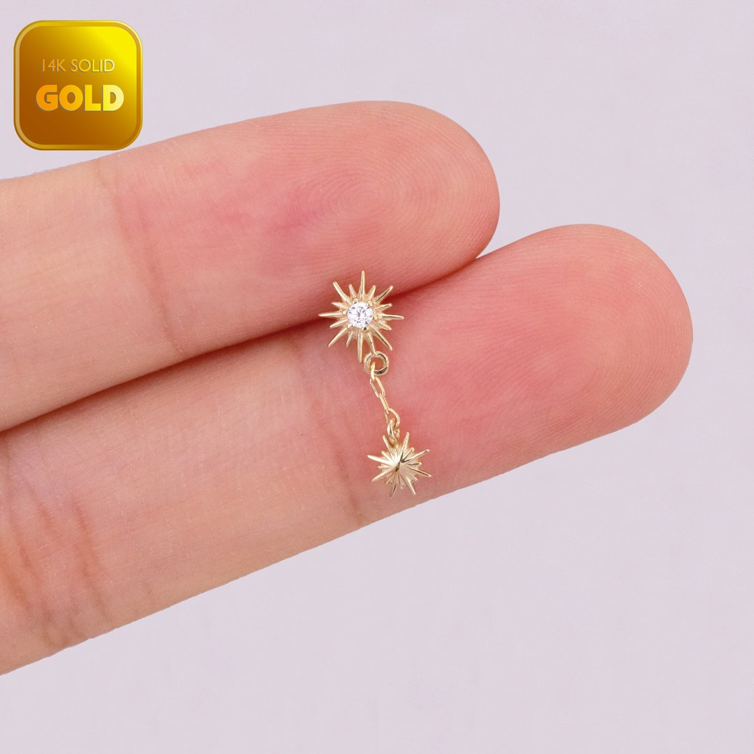 14k Solid Gold Tiny Starburst Dangle CZ Cartilage Earring Helix Star Stud Tragus Earring Conch