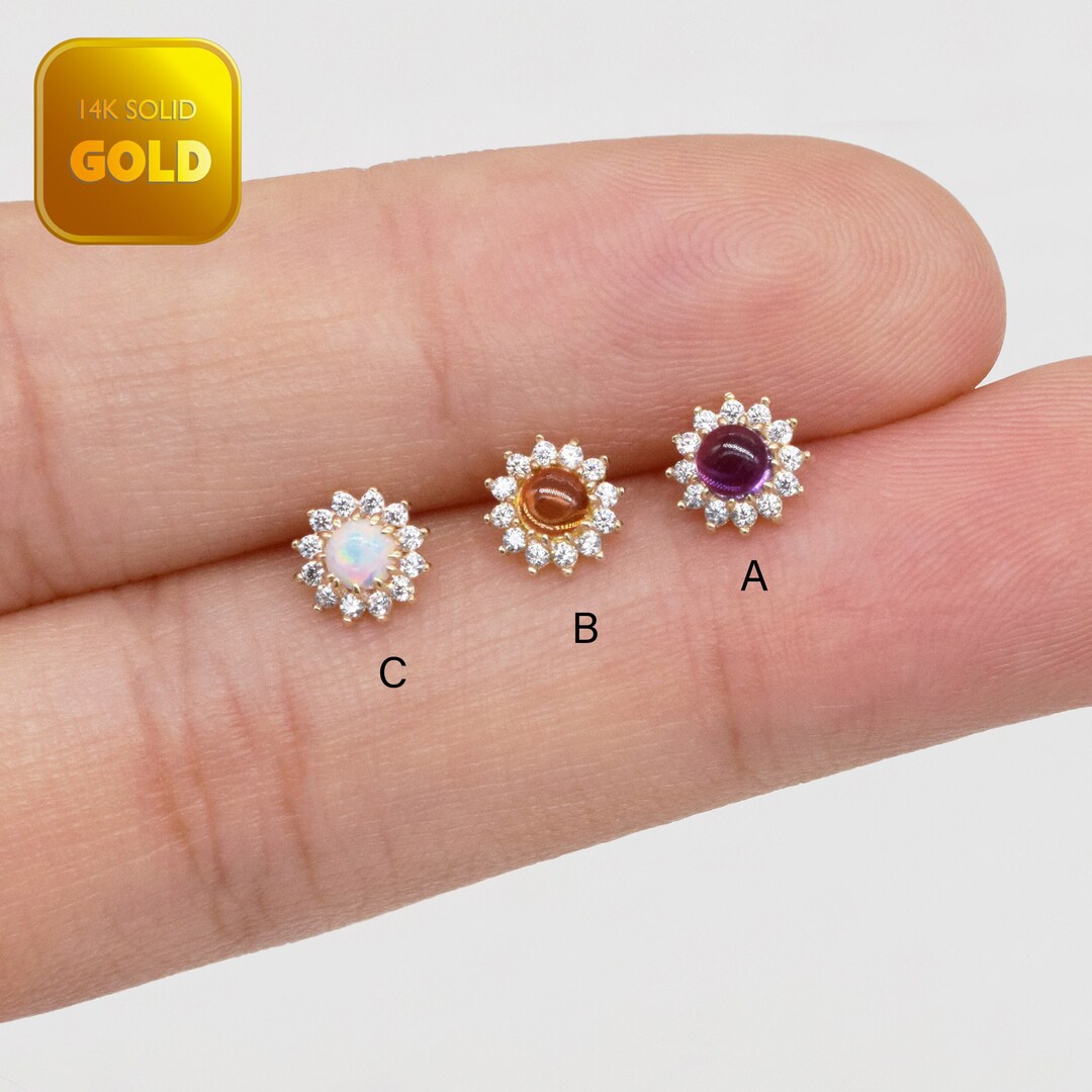 14k Solid Gold Opal Sunflower Stud Earring Citrine Cartilage Stud