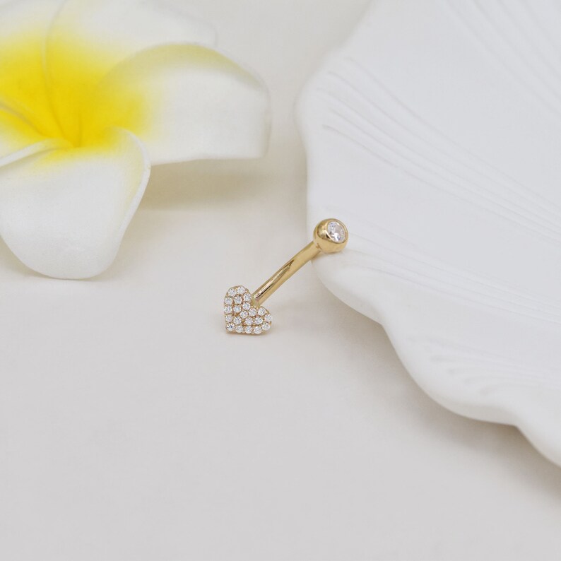 14k Solid Gold Heart Shape Belly Button Ring Heart Navel Piercing Cz Stone Threaded Navel Gold Belly Ring Barbell Piercing Jewelry 14g image 6