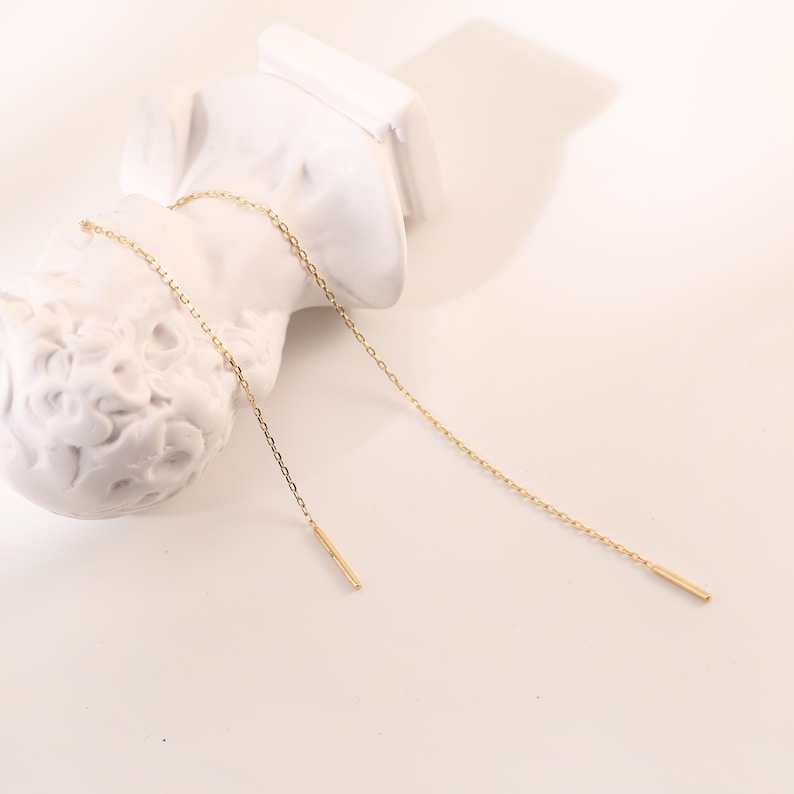 14K Solid Gold Bar & Chain Threader Earring Thread Through Earring ...