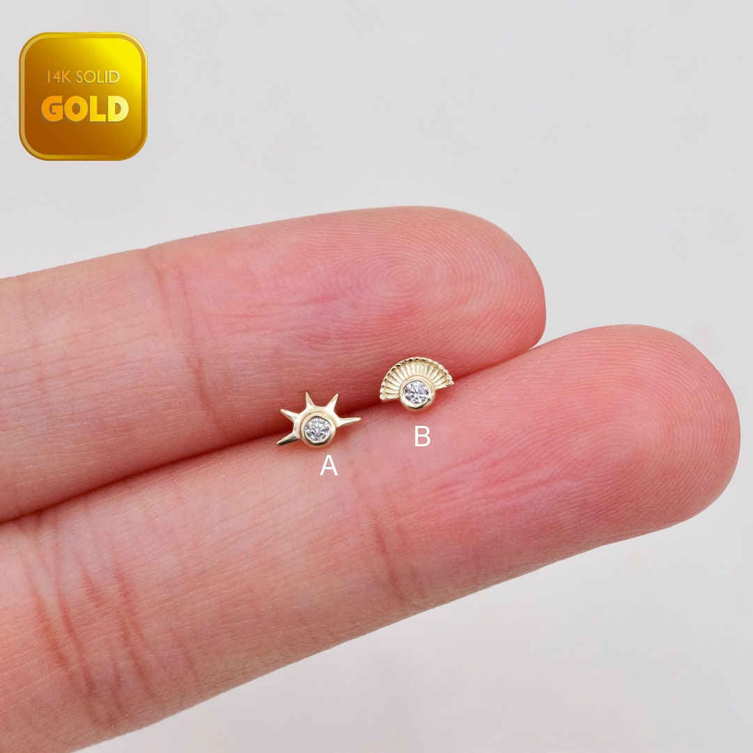 14k Solid Gold Dainty Sun Flat Back Labret Sun Tragus Piercing Conch ...