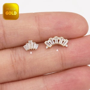 14K Solid Gold Baguette Cut Stud Earring Baguette Ear Climber Helix Cartilage Piercing Conch Tragus Earring Stylish Flat Back Earring 20g