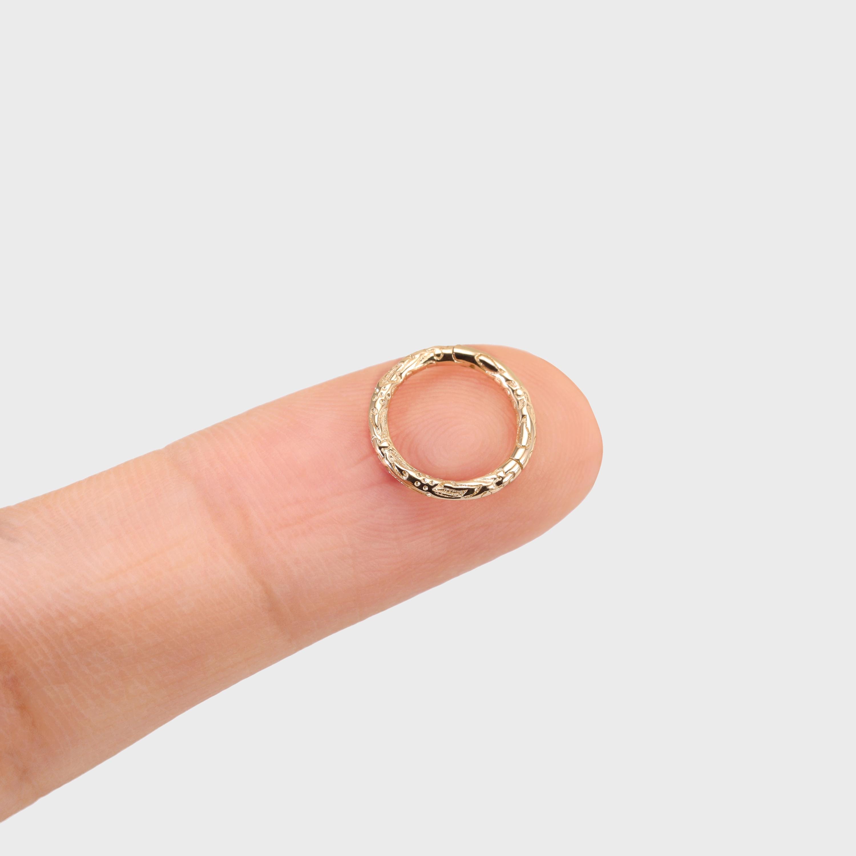 14K Solid Gold Petal Pattern Nose Ring Gold Hinged Earring Engraving Daith Hoop Carving Texture Tragus Clikcer Helix Cartilage Rook Hoop 16g