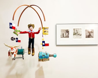 Texas Cowboy Paper Mache Baby Mobile for Nursery Decor, Hand Painted Hanging Mobile
