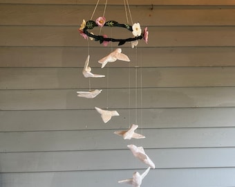 White Birds and Flower Round Hanging Mobile, Boho Baby Mobile for Nursery