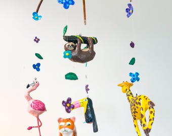 Jungle Animals Baby Mobile for Nursery, Hand Painted Paper-Mache Hanging Mobile