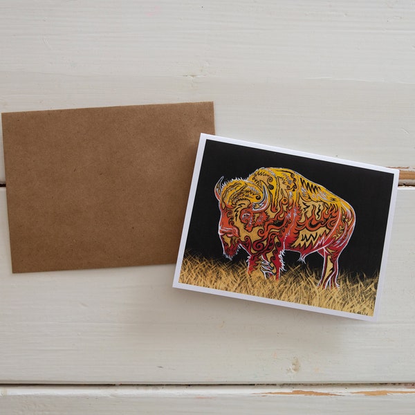 Blazing Bison / Buffalo Card - Handmade Art Card / Greeting Card / Note Card - Created from Original Handmade Art / Painting - A2 Notecard