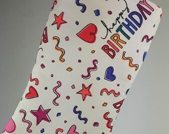 Birthday Stocking Printed with Hearts, Stars & Confetti for People of All Ages Kids Teens and Adults
