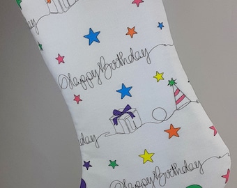 Birthday Stocking for Everyone! Your choice of four lining colors, fabric printed in USA