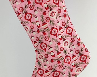 Retro Christmas Stocking with Vintage Tree Ornaments in Pink, Red and White