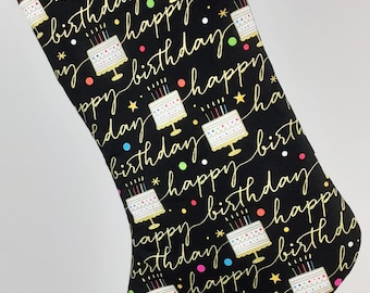 Birthday Stocking with Sparkly Gold Lettering and Pretty Birthday Cakes