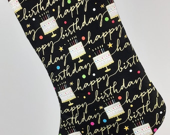 Birthday Cake Stocking: Black Cotton, Gold Lettering, Keepsake Decor, Your Choice of Two Lining Colors