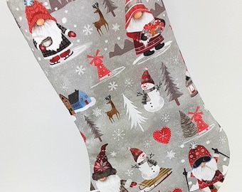 Winter Gnomes Christmas Stocking Printed with Gnomes Skiing, Skating and Sledding LIMITED EDITION