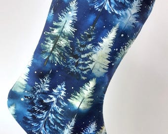 Blue Evergreens Christmas Stocking with Moonlit Forest Print Available in Two Lining Colors