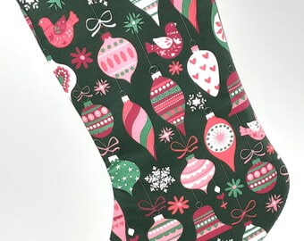 Retro Christmas Stocking Printed with 1960s Inspired Vintage Tree Ornaments, Peace Doves and Flowers LIMITED EDITION