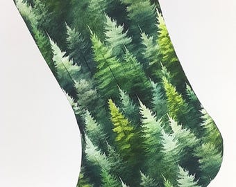 Green Christmas Stocking with Evergreen Forest Print