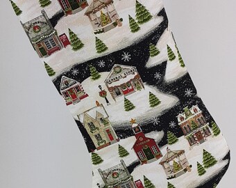 North Pole Christmas Stocking Printed with Snowy Village Scene