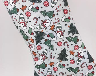 Christmas Collage Stocking Printed With Snowmen, Christmas Trees, Gingerbread Cookies and Candy Canes