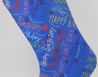 Blue Birthday Stocking with Colorful Birthday Wishes, Hearts and Flowers