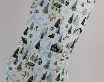 Winter Woodlands Christmas Stocking with Cabins, Bears, Foxes and Rabbits