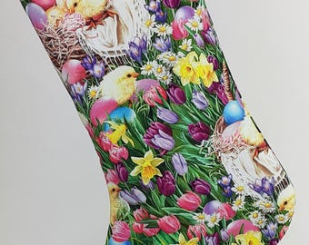Colorful Easter Stocking with Tulips, Daffodils & Baby Chicks for Kids and Adults, Great Alternative to an Easter Basket!