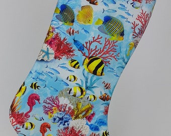 Aquarium Birthday Stocking Printed with Colorful Tropical Fish, Seahorses and Coral for Kids, Teens and Adults
