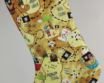 Pirate Birthday Stocking Printed with Pirate Ships and Treasure Maps for Kids, Teens, Adults