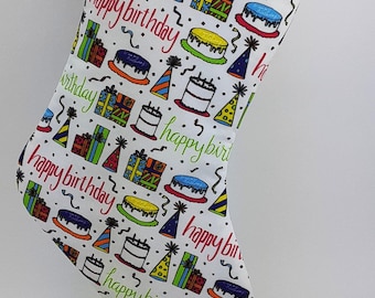 Birthday Party Stocking With Cakes, Hats, Presents and Confetti Available in Two Lining Colors