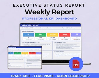 Op de afbeelding: Een digitaal scherm met een wekelijks executive statusrapport en een professioneel KPI-dashboard. Het rapport bevat datavisualisaties, grafieken en belangrijke prestatie-indicatoren. Een tablet toont hetzelfde rapport. De onderkant van de afbeelding luidt "KPI's volgen, risico's markeren, leiderschap uitlijnen."