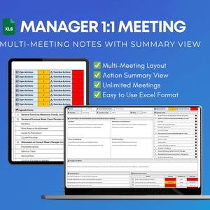 Könnte beinhalten: Ein digitales Dokument mit dem Titel "MANAGER 1:1 MEETING" wird auf einem Tablet- und Laptop-Bildschirm angezeigt. Das Dokument ist eine Excel-Datei mit Notizen zu mehreren Meetings und einer Zusammenfassungsansicht. Funktionen umfassen Multi-Meeting-Layout.